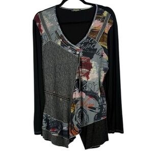 Dolcezza Black Multicolour Artistic Patchwork Long Sleeve Medium Tunic Top